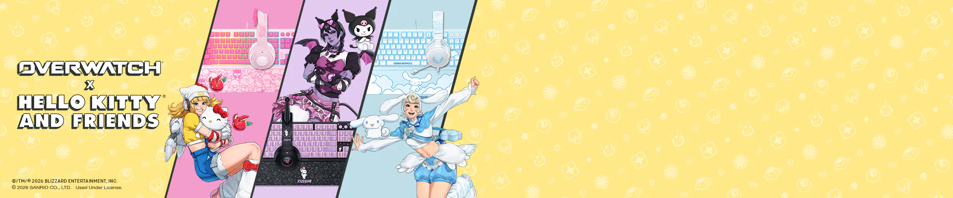Overwatch x Hello Kitty: featuring characters with colorful gaming gear, laptops, and headphones, with a yellow background and playful patterns.