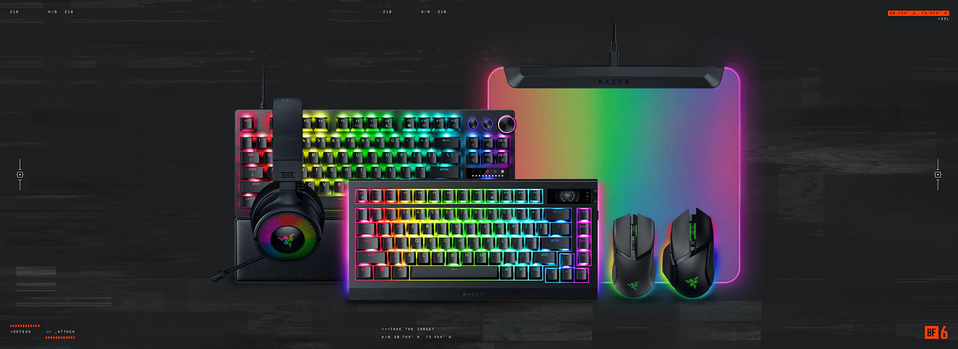 RGB gaming keyboard, mouse, headset, and mouse pad with rainbow lights, branded Razer, on a dark background.