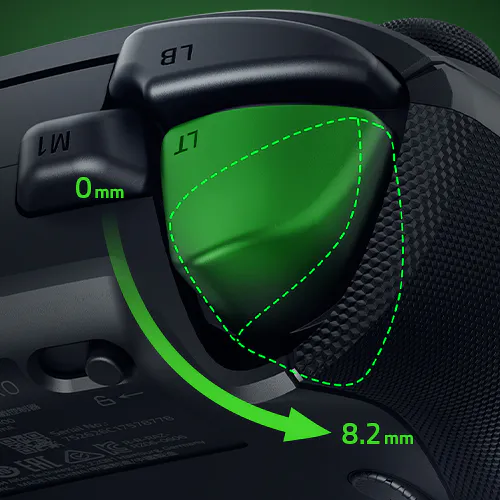 Controller trigger with an arrow illustrating the 0–8.2 mm trigger travel.