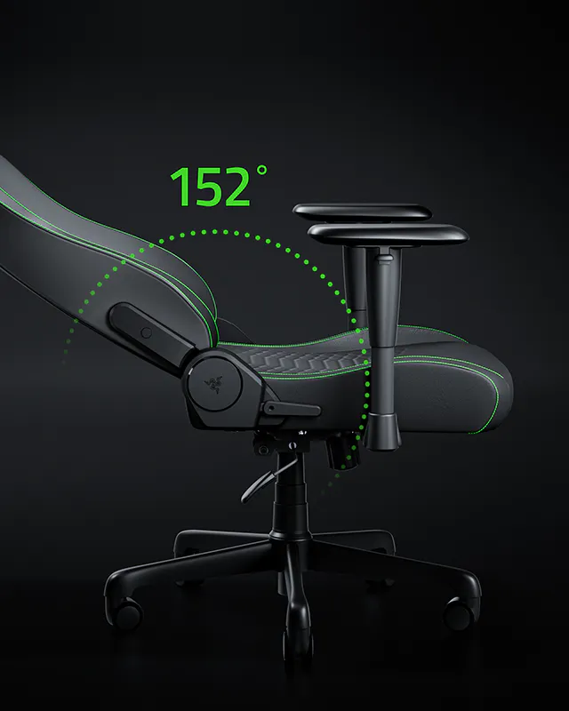 Gaming chair with adjustable back angle, showing 152° tilt indicator and ergonomic design with a carbon fiber pattern.