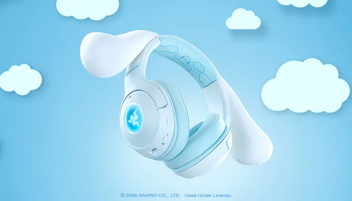 Wireless earbud in white and blue with Sanrio-themed design, floating among soft clouds, labeled with a Sanrio copyright and "Used Under License" text.