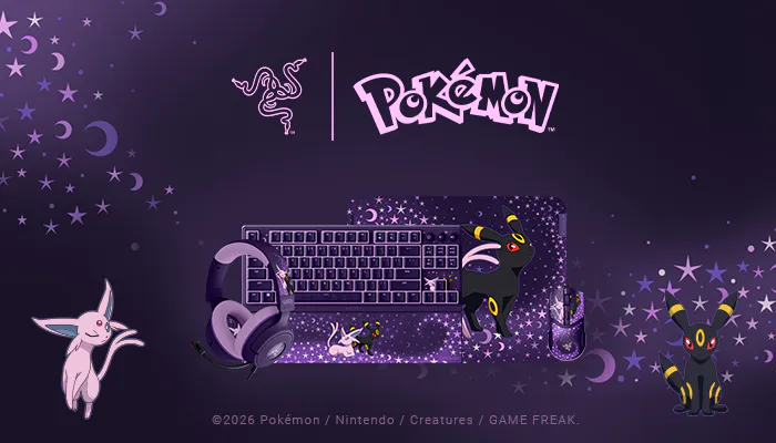 Pokémon-themed gaming setup with a keyboard, mouse, headphones, and various Pokémon (Silvally, Umbreon, Espeon) on a starry purple background.