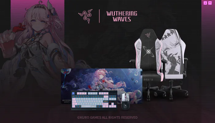 Gaming setup with Wuthering Waves-themed keyboard, mouse, mouse pad, and two white gaming chairs, one with character art.