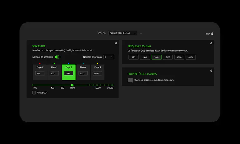 Settings screen showing sliders for sensitivity (level 3 at 1600), frequency polling (125-8000 Hz), and properties with a Windows option.