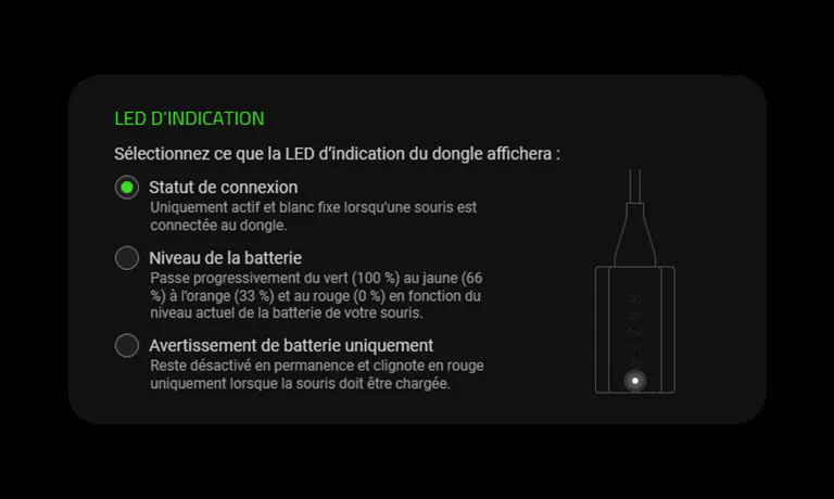 Screen showing LED indicator settings: connection status, battery level, and warning options in French. Text details LED modes and instructions.