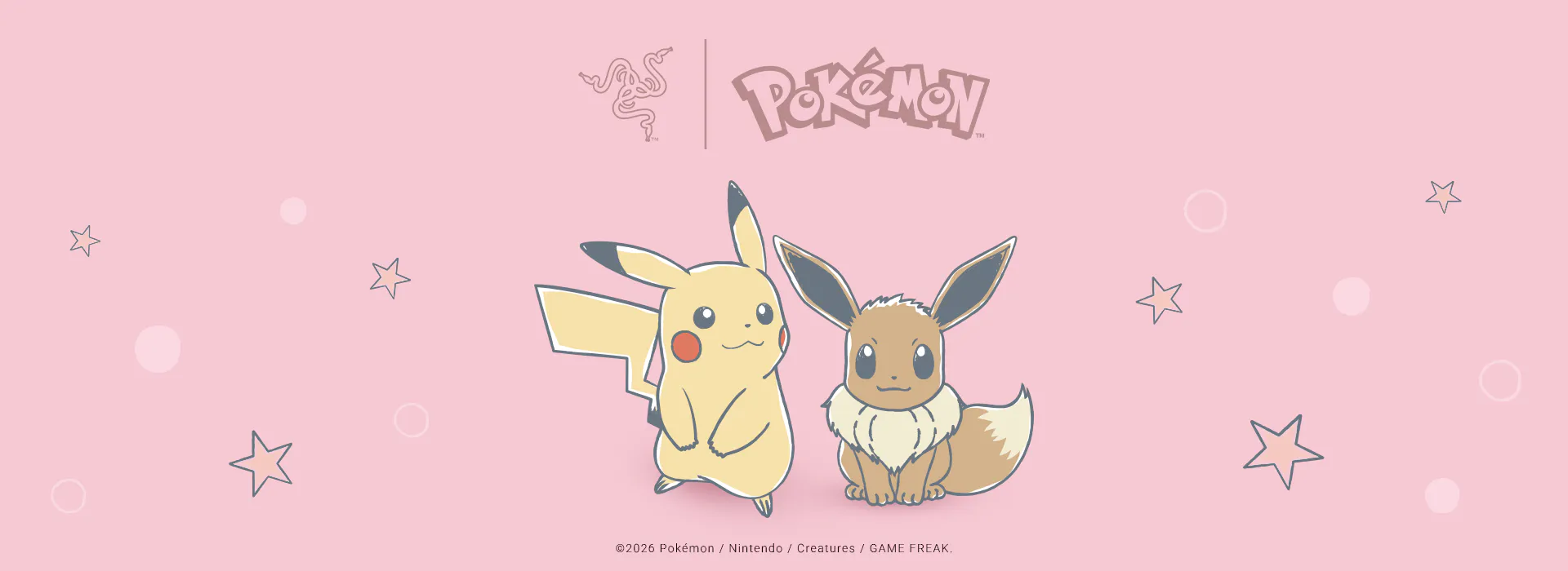 Pink background with Pikachu and Eevee, Pokémon logo, and small star and circle decorations. ©2026 Pokémon / Nintendo / Creatures / GAME FREAK.