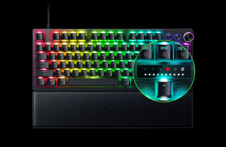 Razer Huntsman V3 Pro TKL 8KHz showing its onboard LED indicators for adjusting key response