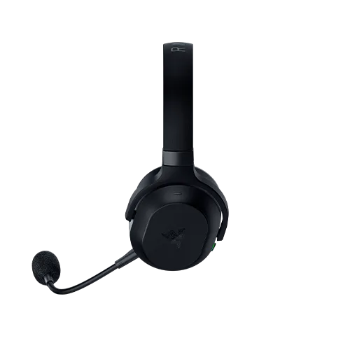 A black gaming headset with a mic, over-ear cups, and an adjustable headband, featuring the Razer logo on the earcup.