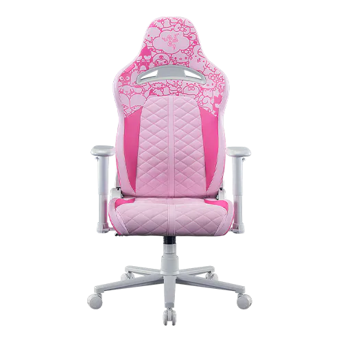 Pink gaming or office chair with quilted seat, backrest with cartoon cloud & key design, gray adjustable lumbar support, white base & armrests.