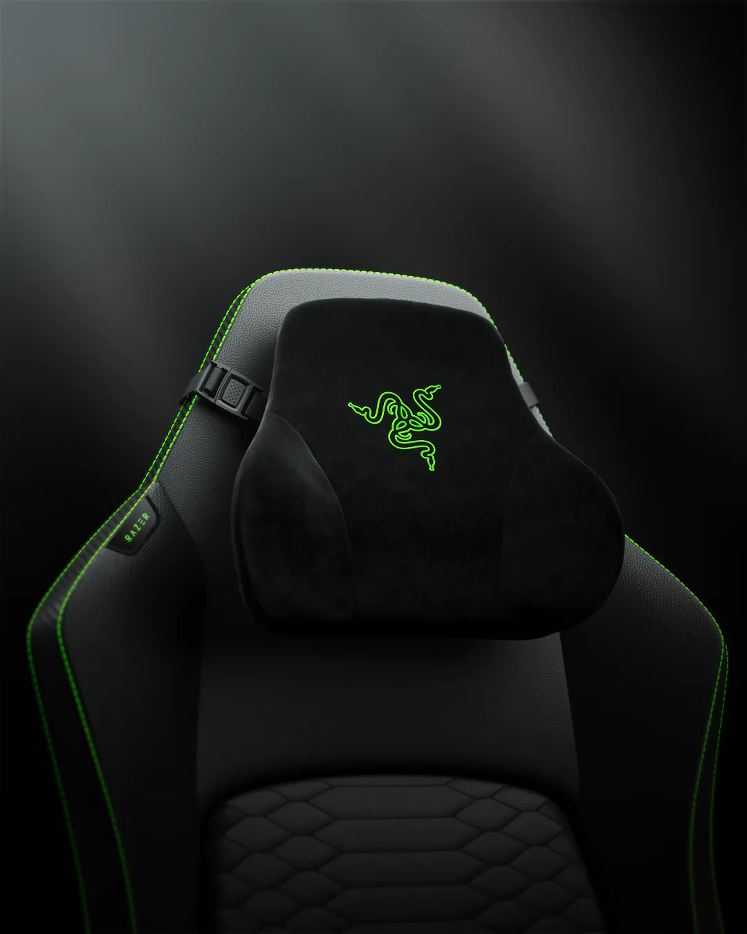 A plush, contoured memory foam cushion is strapped securely around the chair’s headrest.