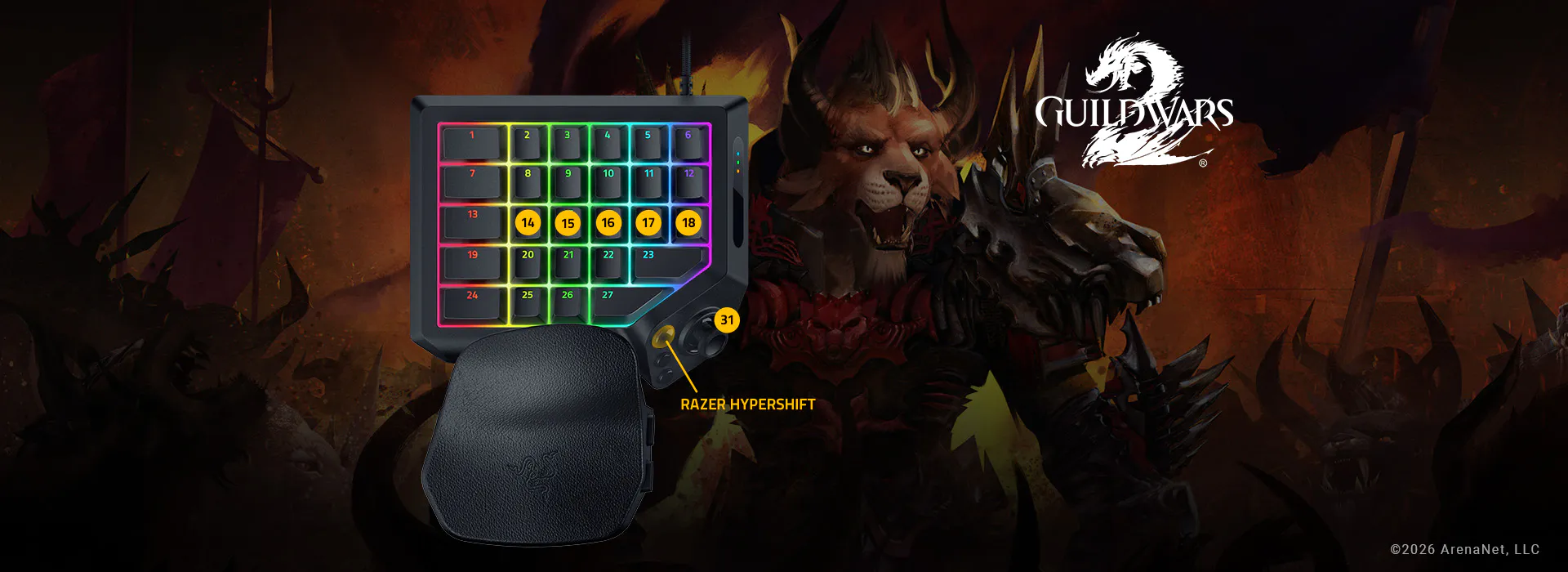 Image of a colorful mechanical gaming keypad, labeled with "RAZER HYPERSHIFT" button, against a Guild Wars 2 game background.