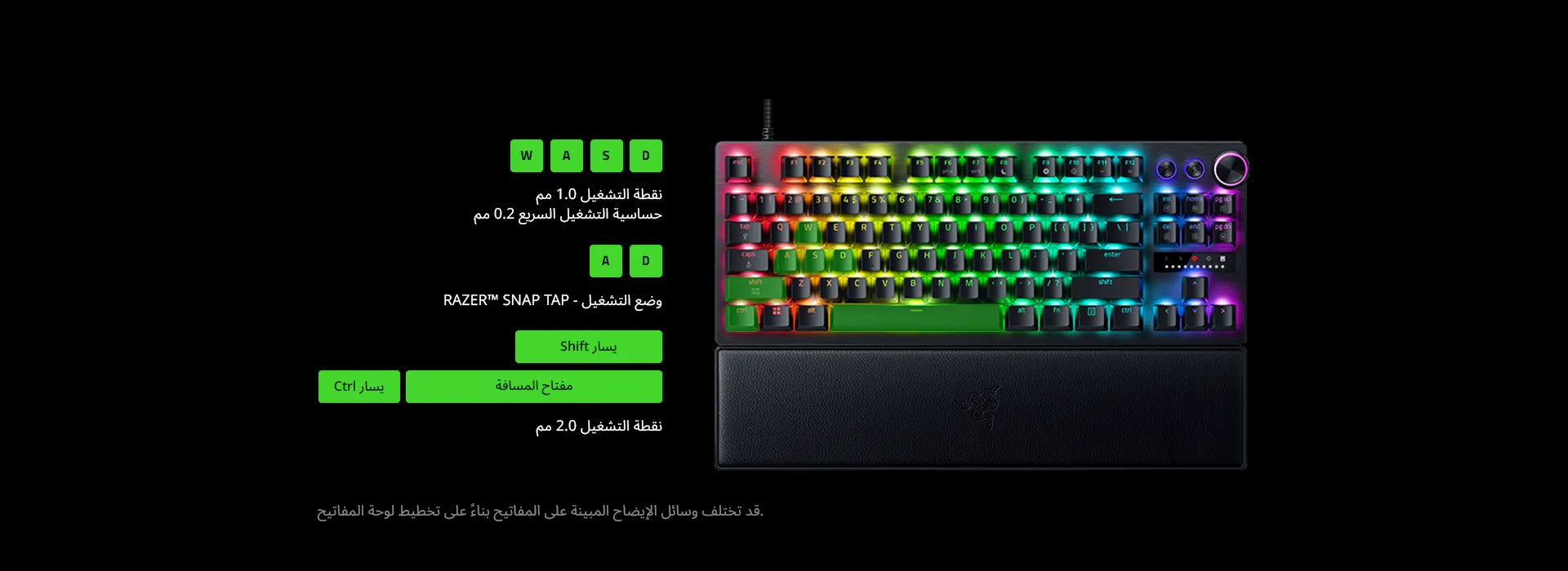 W + A + S + D: 1.0 mm Actuation Point, 0.2 mm Rapid Trigger Sensitivity | A + D: Razer Snap Tap - ON | L Shhift + L Ctrl + Spacebar: 2.0 mm Actuation Point | Legends on keymapping may differ based on keyboard layout.