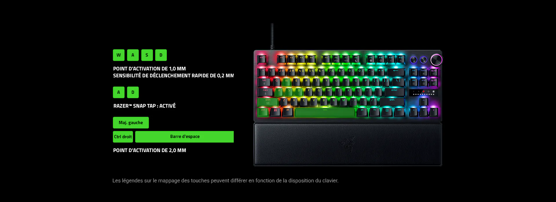 W + A + S + D: 1.0 mm Actuation Point, 0.2 mm Rapid Trigger Sensitivity | A + D: Razer Snap Tap - ON | L Shhift + L Ctrl + Spacebar: 2.0 mm Actuation Point | Legends on keymapping may differ based on keyboard layout.
