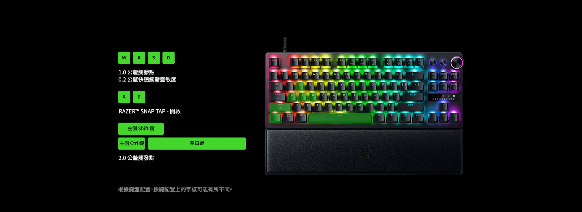W + A + S + D: 1.0 mm Actuation Point, 0.2 mm Rapid Trigger Sensitivity | A + D: Razer Snap Tap - ON | L Shhift + L Ctrl + Spacebar: 2.0 mm Actuation Point | Legends on keymapping may differ based on keyboard layout.