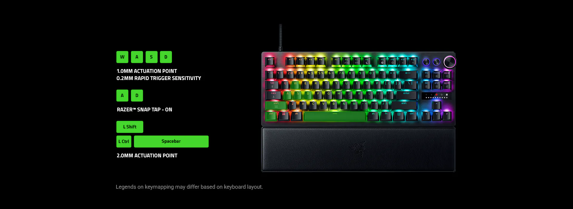 W + A + S + D: 1.0 mm Actuation Point, 0.2 mm Rapid Trigger Sensitivity | A + D: Razer Snap Tap - ON | L Shhift + L Ctrl + Spacebar: 2.0 mm Actuation Point | Legends on keymapping may differ based on keyboard layout.