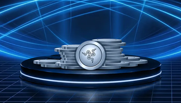 Stacks of silver coins with Razer's snake logo on one, set on a digital grid with blue light streaks in the background.