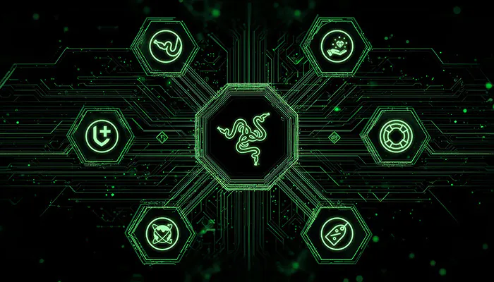 Central glowing Razer logo with six surrounding hexagons showing icons and text related to gaming, tech, and cybersecurity in green.