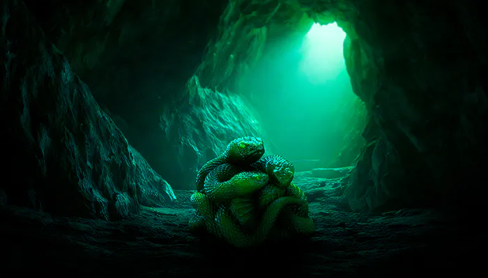 A coiled green snake in a dark cave with a glowing blue-green light source above, illuminating the rocky walls.