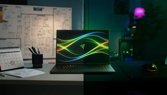 A split image of a study desk: left with a whiteboard, calendar, and pens, and right with a gaming laptop, mouse, and RGB lighting.