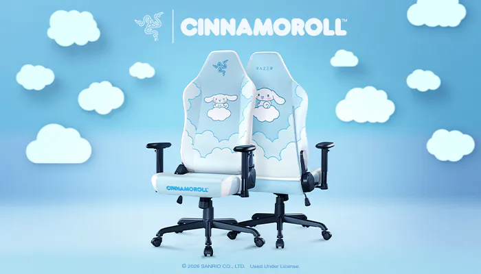 Light blue cartoon-themed headset, keyboard, and metal box with cloud and bunny designs, set against a sky with fluffy clouds.