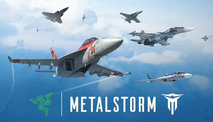 Fighter jets in formation with "METALSTORM" and Razer logos, flying through a cloudy sky, with some jets labeled "Russia."