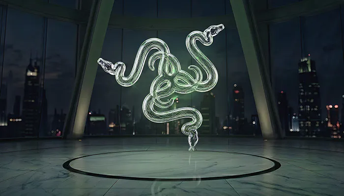 A futuristic cityscape view from a tower with a glowing, swirling, snake-like Razer logo floating inside a glass-walled room at night.