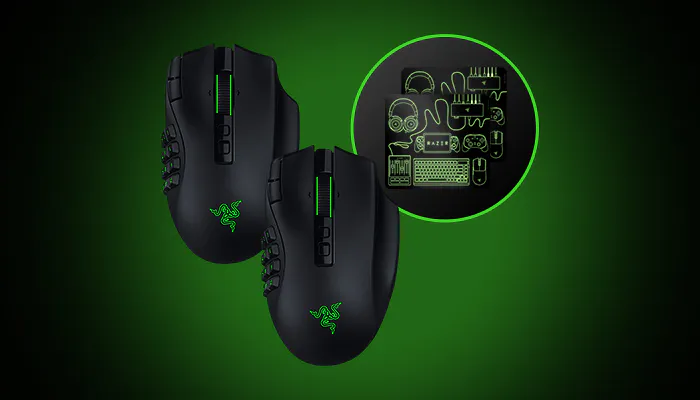 Two Razer gaming mice with green accents against a black background; inset shows a diagram of compatible gaming devices.