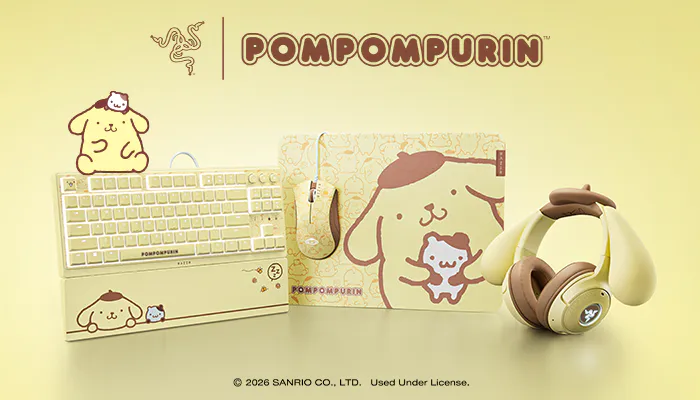 Pompompurin-themed desk set with keyboard, mouse, mouse pad, and headphones featuring Pompompurin and friend in yellow, brown, and beige.
