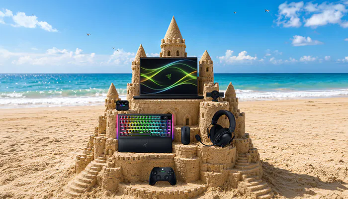 Sandcastle on beach with gaming setup: monitor, keyboard, headset, controller, speakers, and Razer logo on the screen.