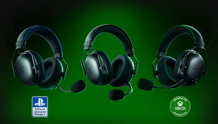 Three gaming headsets with microphones against a green background, with Xbox and PlayStation logos, labeled as "Official Licensed Product."