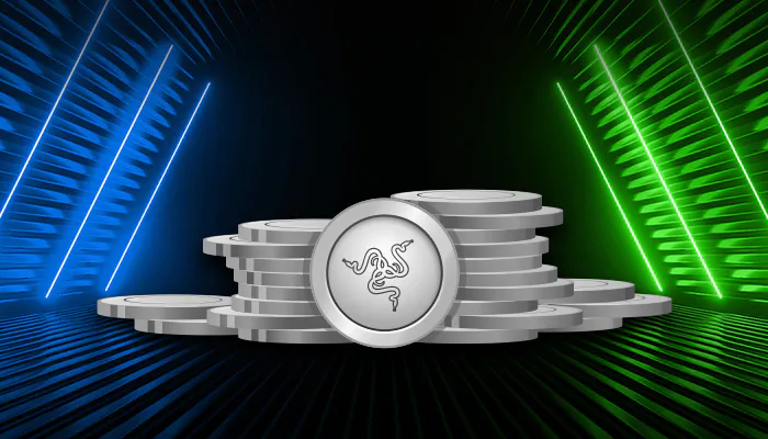 Stacks of silver coins with the Razer logo in the center, glowing neon blue and green background with diagonal lines.