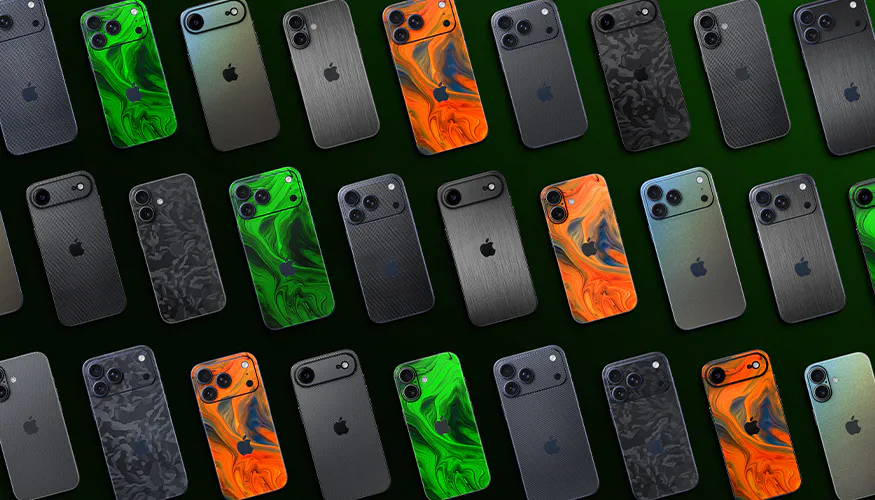 Multiple iPhones with various colorful, textured, and patterned back covers, arranged diagonally on a dark green background.