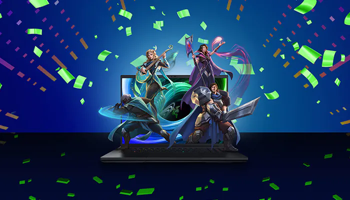 Celebration scene with characters from League of Legends ARAM, featuring celebratory confetti and a monitor in the background.