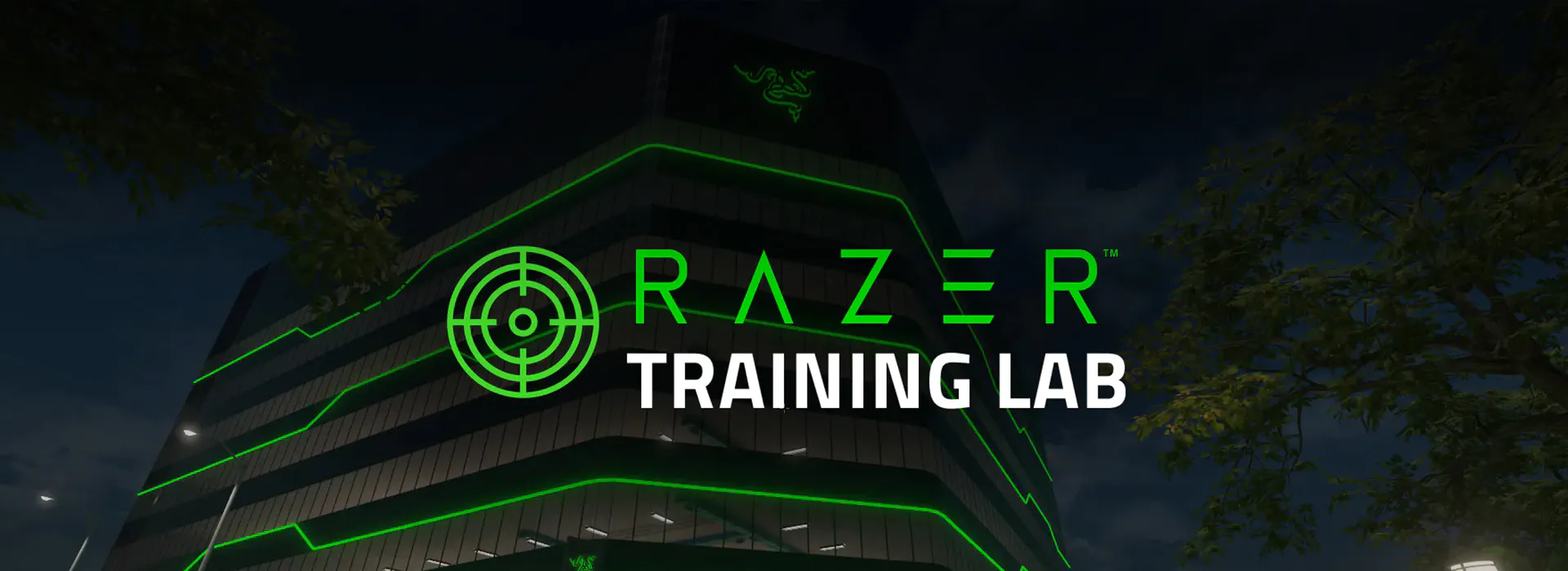 Night view of a building with illuminated green lines and Razer logo, featuring text "RAZER TRAINING LAB" overlaid.