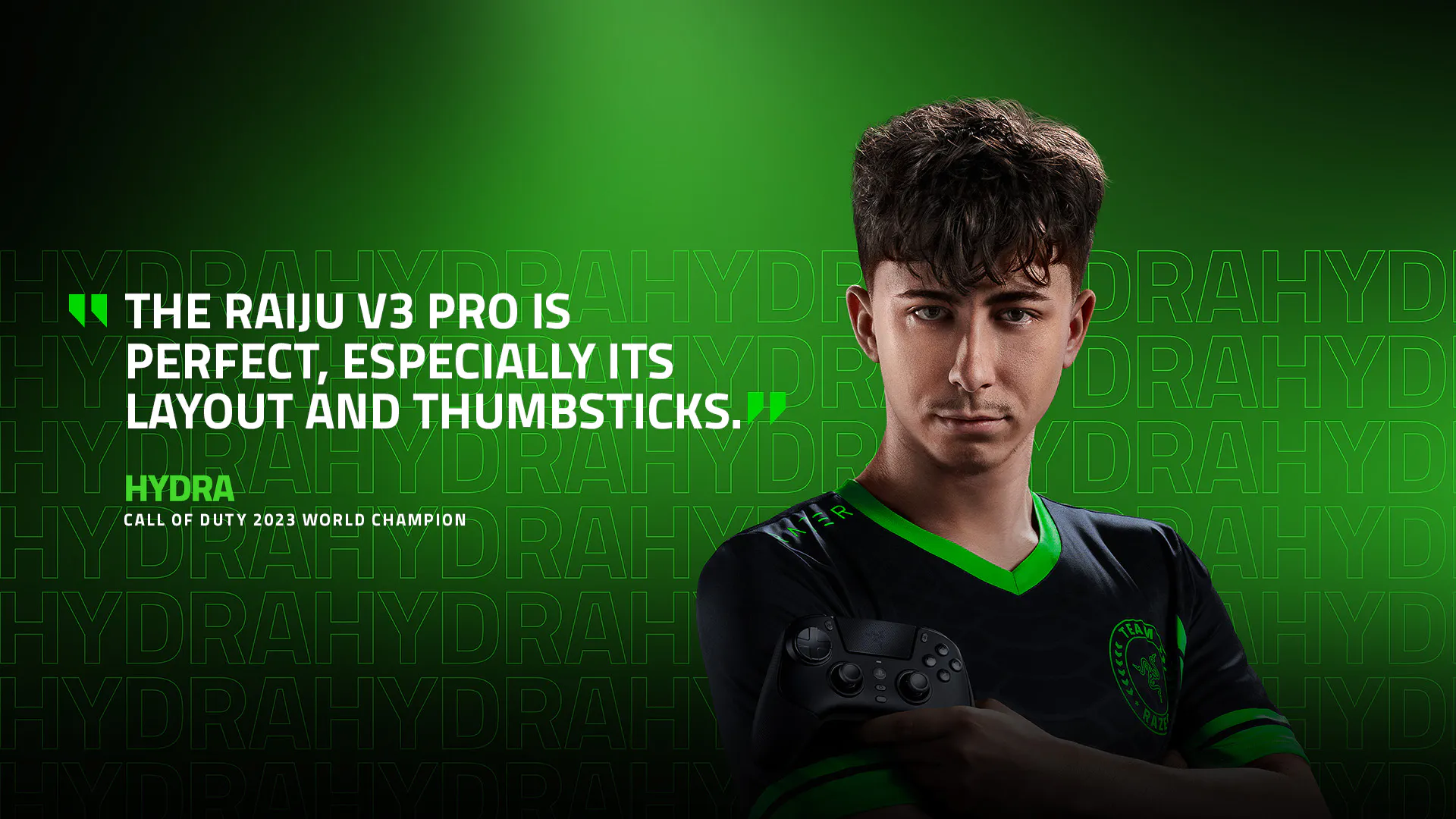 Young man in black and green gaming jersey holding a controller, with a quote about controllers and the "Hydra" Call of Duty 2023 World Champion.