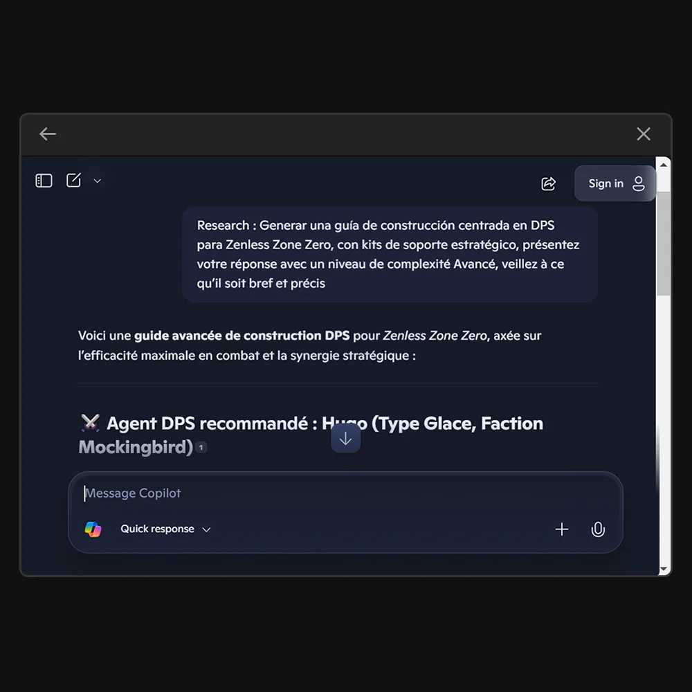 Screenshot of a dark-themed computer interface with a research note in Spanish and a message input box labeled "Message Copilot".