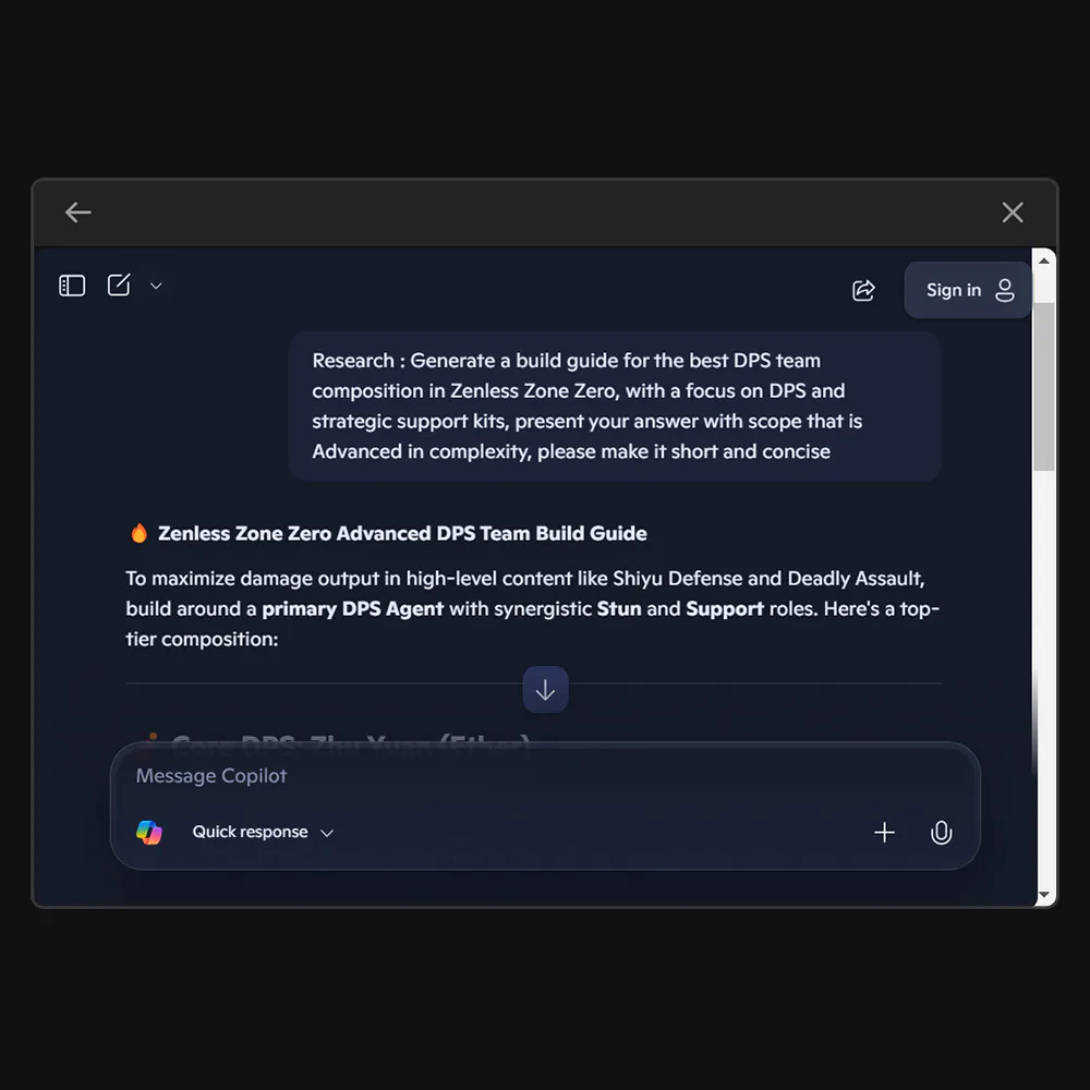 Screenshot of a digital document with a build guide for Zenless Zone Zero's DPS team; includes text and a message response box.