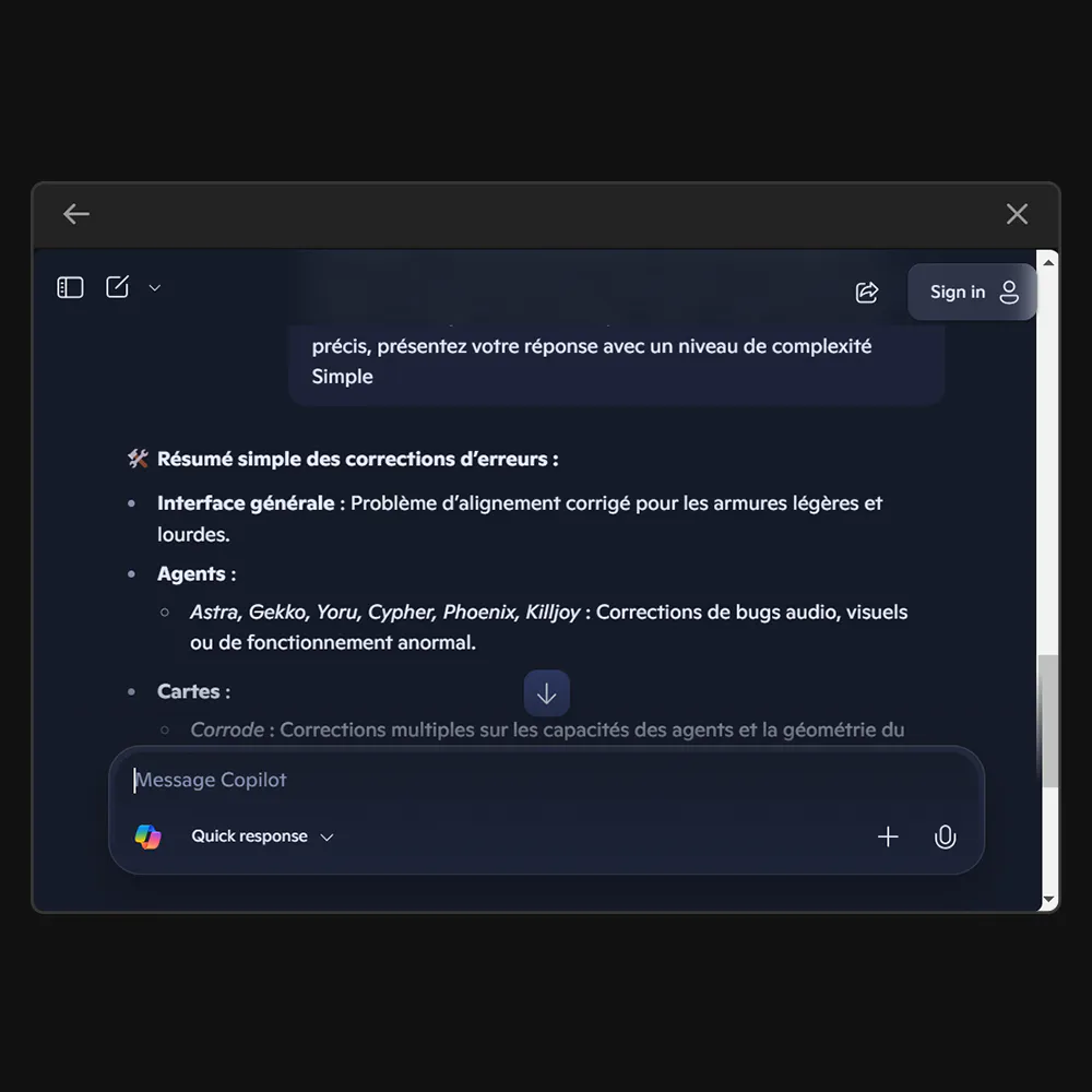 Screenshot of a dark-themed interface with a document discussing error corrections, agents, and maps, with a "Message Copilot" input box at the bottom.