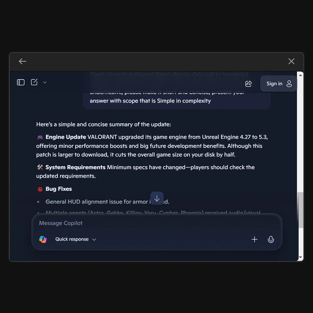 Screenshot of a digital update note for Valorant game, detailing engine upgrade, system requirements, and bug fixes, with a message input at bottom.