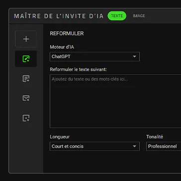 Panel titled "Maître de l'Invité d'IA" with options to reformulate AI model, input text, select length (court/concis) and tone (professionnel).