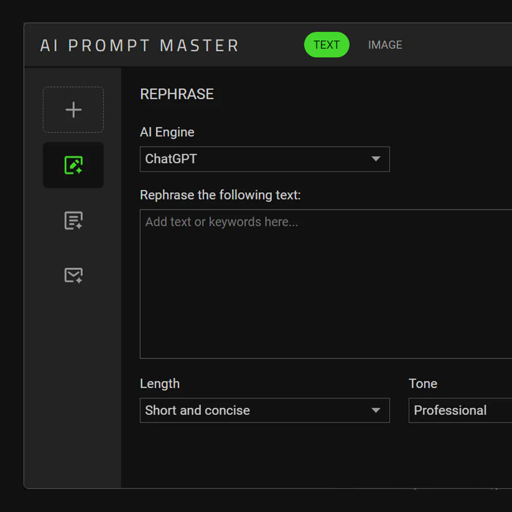 Screenshot of AI Prompt Master interface, showing options to rephrase text using ChatGPT, with fields for input, length, and tone.