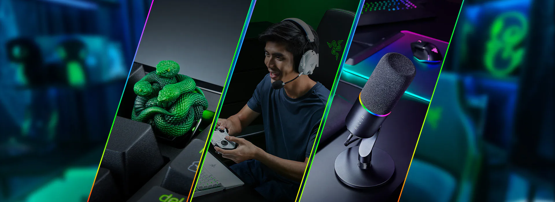 Collage of gaming gadgets: gaming setup with a snake plush, a smiling gamer with a headset, a Razer microphone, and RGB-lit tech accessories.