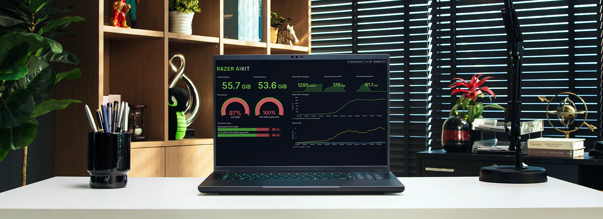 Laptop on desk displaying Razer AI Kit stats: 55.7 GiB used, 97% disk, graphs, and performance metrics, with shelves and blinds in background.
