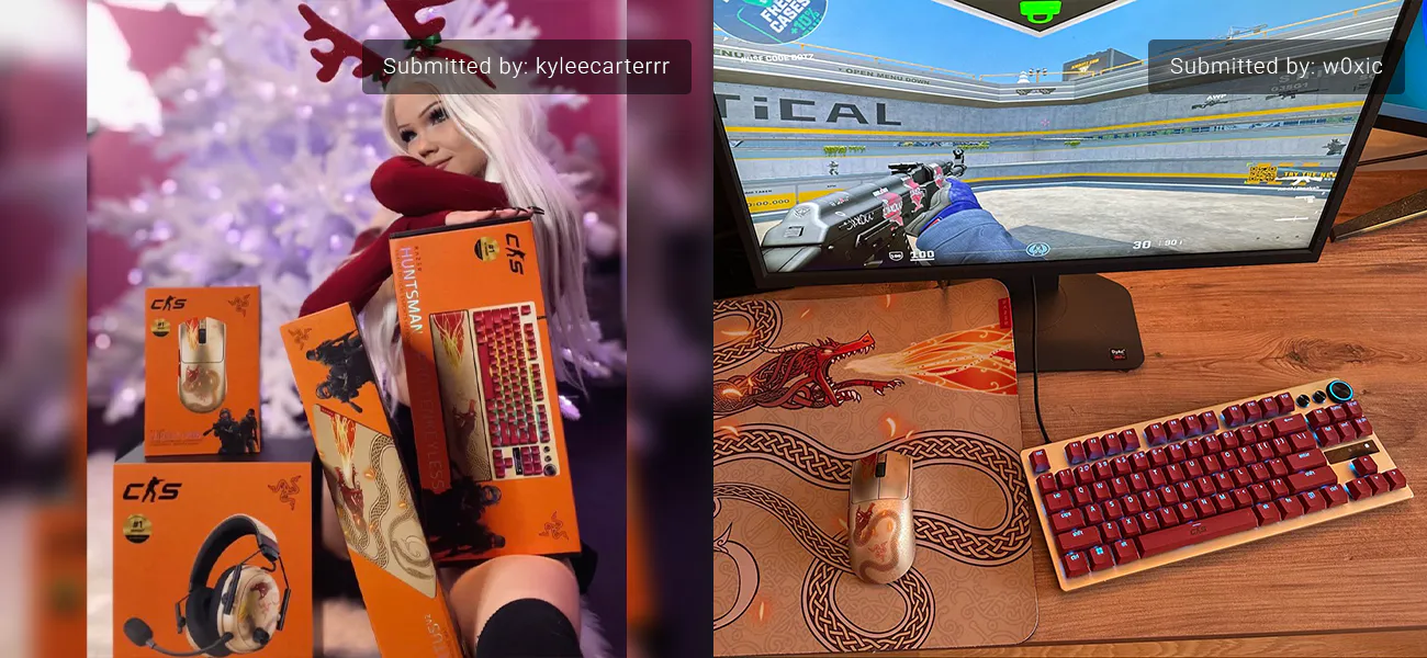 split screen: left shows a woman with christmas-themed razer gaming mouse and keyboard boxes; right shows a gaming setup with monitor, keyboard, mouse, and dragon-themed mousepad.