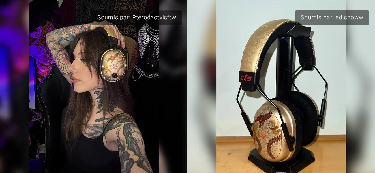 a woman with tattoos wears gold headphones with a dragon design, while an identical pair sits on a stand against a white wall.
