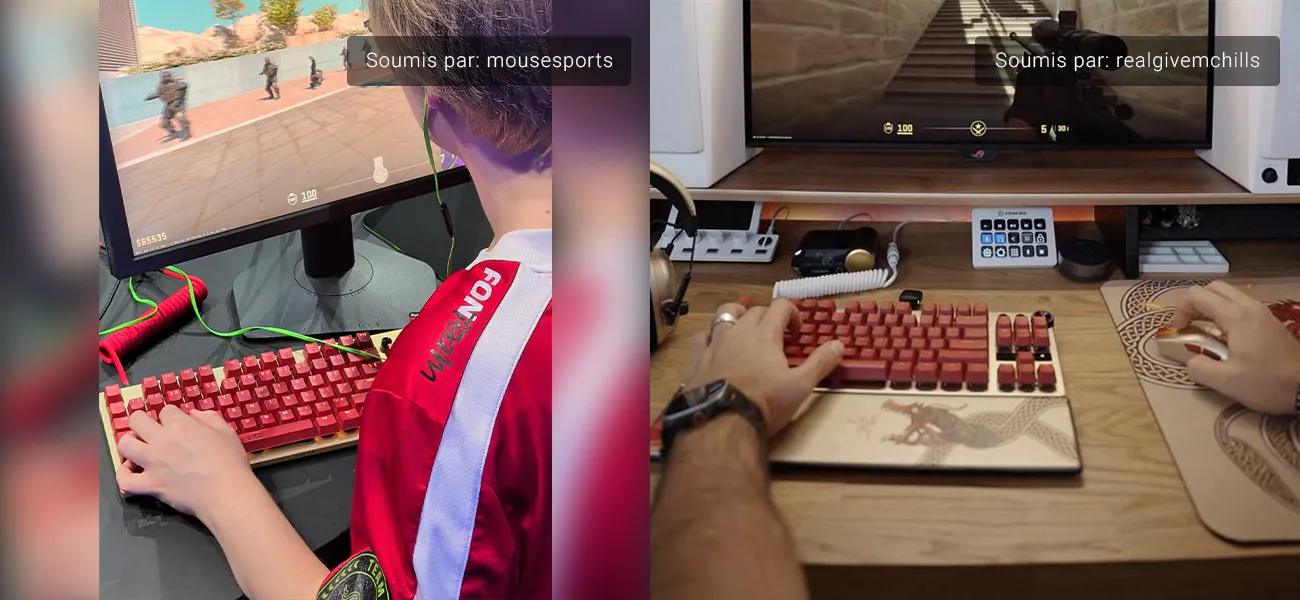 split image: left shows a kid gaming with a red mechanical keyboard, right shows an adult gaming with a similar keyboard, both on desks.