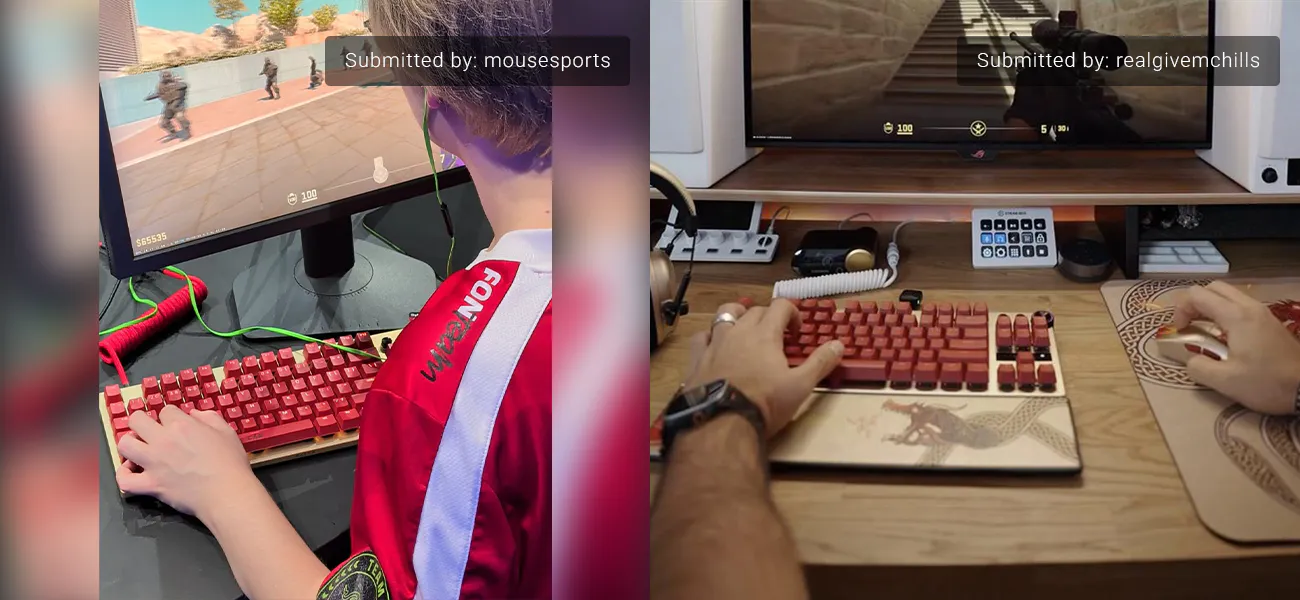side-by-side of two gaming setups: left with a child in a red shirt playing on a monitor, right with an adult using a mouse and keyboard.