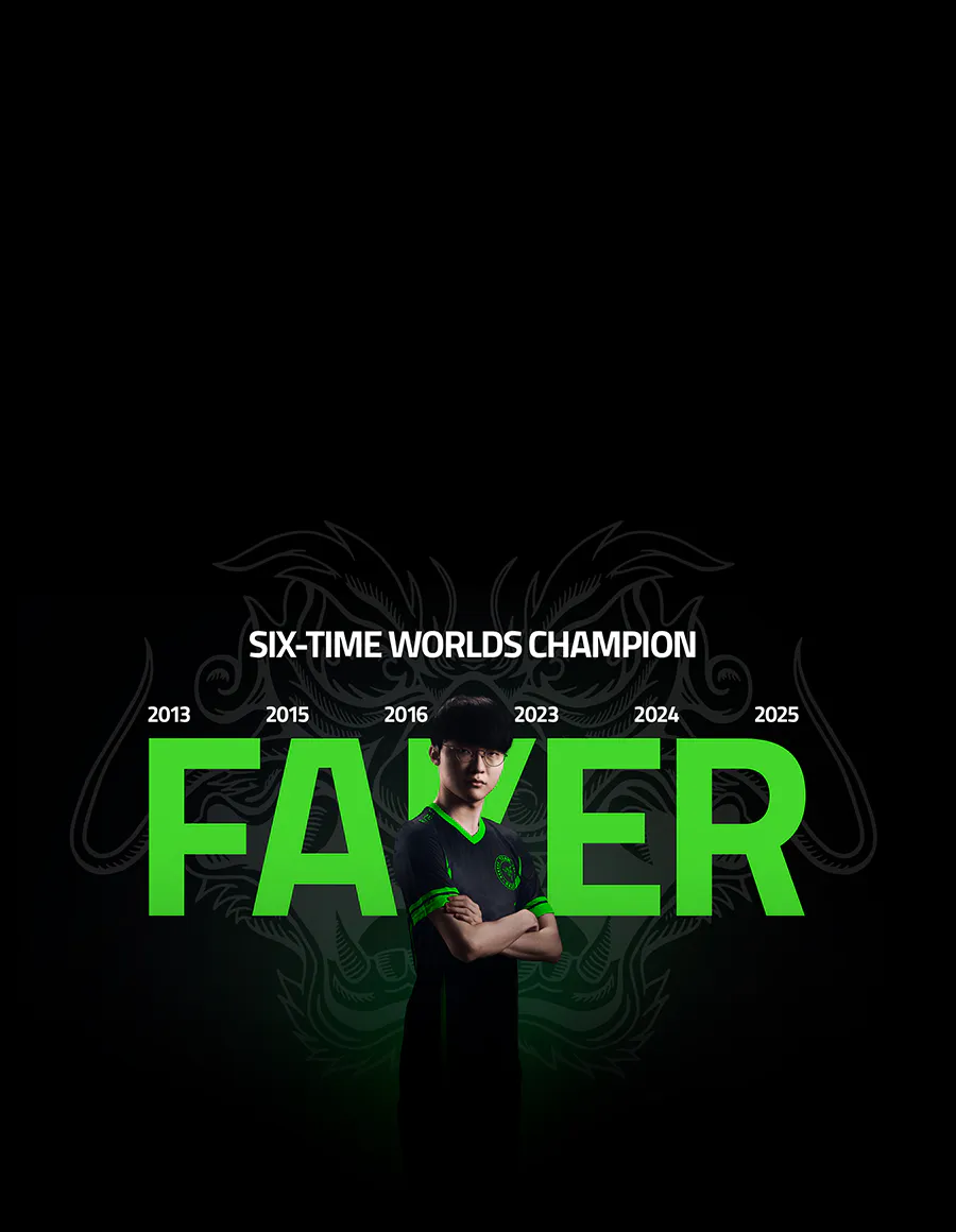 Faker. Six-Time Worlds Champion. 2013, 2015, 2016, 2023, 2024, 2025.