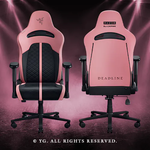 Pink gaming chairs with black accents, one showing the front with a Razer logo and the other the back with "DEADLINE".; © YG. ALL RIGHT RESERVED.