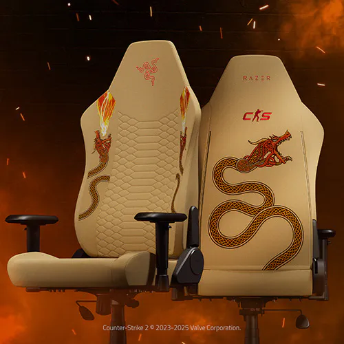 Gaming chair with dragon and snake designs, labeled "RAZER" and "cks," against a fiery background.; Counter-Strike 2 © 2023-2025 Valve Corporation.
